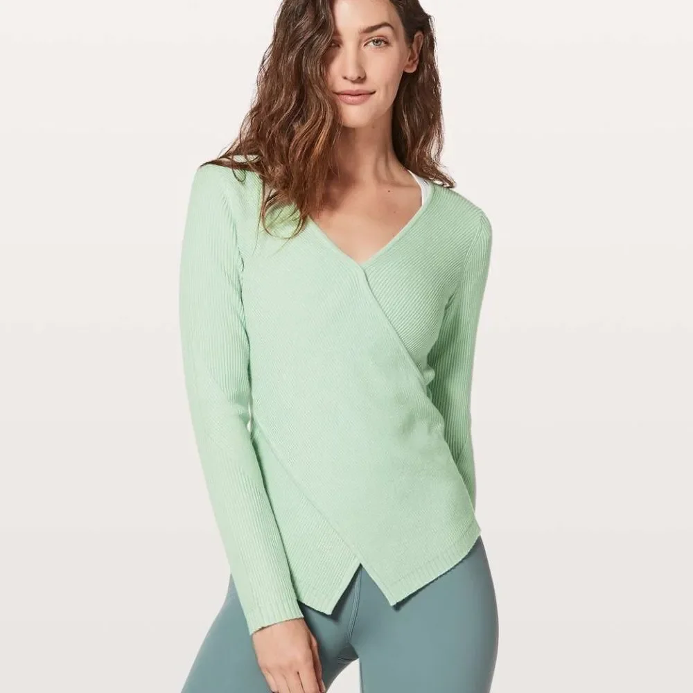LULULEMON Wrap it Back Sweater Sea Breeze Green Cashmere Knit Top Reversible 4